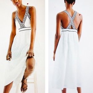 J.Crew white maxi/midi dress with navy embroidery. SZ Small